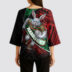 South Sydney Rabbitohs Rugby Kimono Sleeve Blouse Tribal Polynesian Power Art - Lightning Mascot