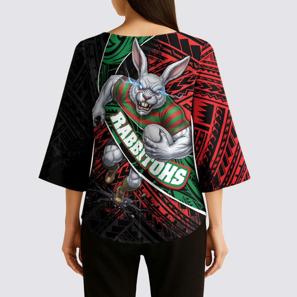 South Sydney Rabbitohs Rugby Kimono Sleeve Blouse Tribal Polynesian Power Art - Lightning Mascot