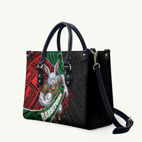 South Sydney Rabbitohs Rugby Leather Bag Tribal Polynesian Power Art - Lightning Mascot