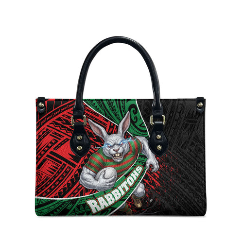South Sydney Rabbitohs Rugby Leather Bag Tribal Polynesian Power Art - Lightning Mascot
