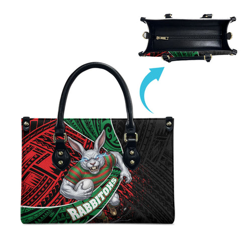 South Sydney Rabbitohs Rugby Leather Bag Tribal Polynesian Power Art - Lightning Mascot