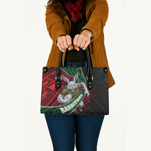 South Sydney Rabbitohs Rugby Leather Bag Tribal Polynesian Power Art - Lightning Mascot