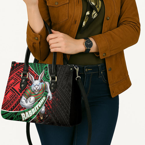 South Sydney Rabbitohs Rugby Leather Bag Tribal Polynesian Power Art - Lightning Mascot