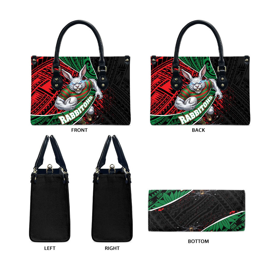 South Sydney Rabbitohs Rugby Leather Bag Tribal Polynesian Power Art - Lightning Mascot