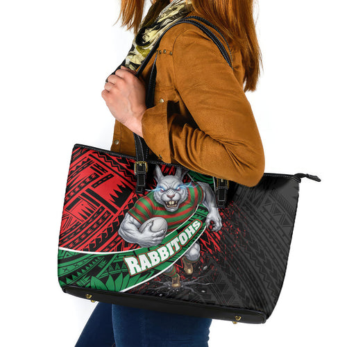 South Sydney Rabbitohs Rugby Leather Tote Bag Tribal Polynesian Power Art - Lightning Mascot