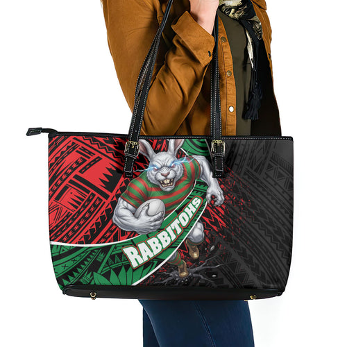 South Sydney Rabbitohs Rugby Leather Tote Bag Tribal Polynesian Power Art - Lightning Mascot