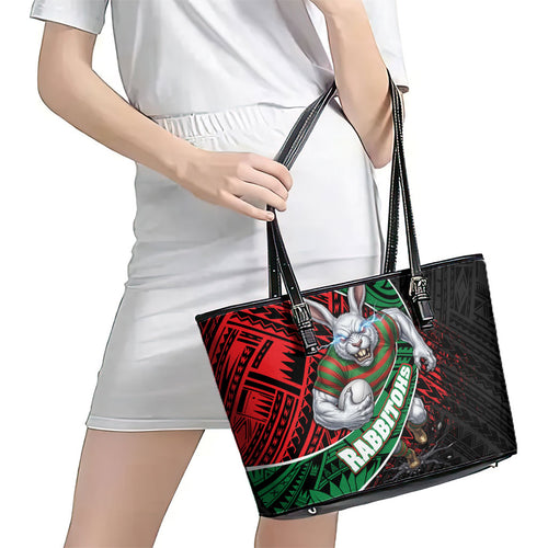 South Sydney Rabbitohs Rugby Leather Tote Bag Tribal Polynesian Power Art - Lightning Mascot