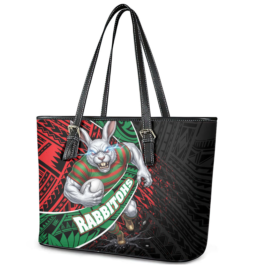South Sydney Rabbitohs Rugby Leather Tote Bag Tribal Polynesian Power Art - Lightning Mascot