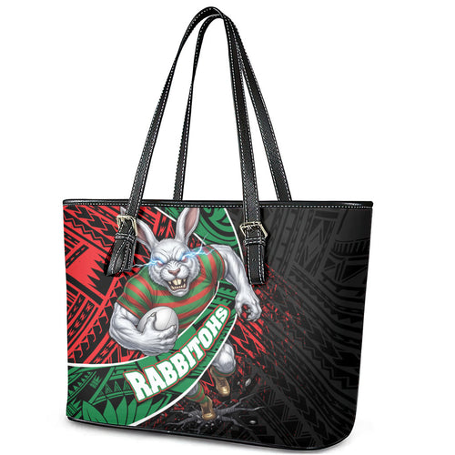 South Sydney Rabbitohs Rugby Leather Tote Bag Tribal Polynesian Power Art - Lightning Mascot