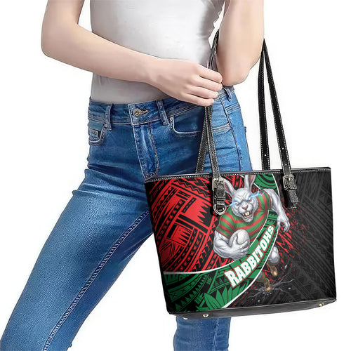 South Sydney Rabbitohs Rugby Leather Tote Bag Tribal Polynesian Power Art - Lightning Mascot