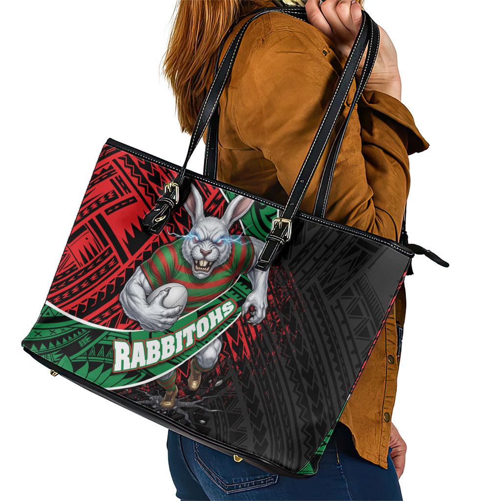 South Sydney Rabbitohs Rugby Leather Tote Bag Tribal Polynesian Power Art - Lightning Mascot