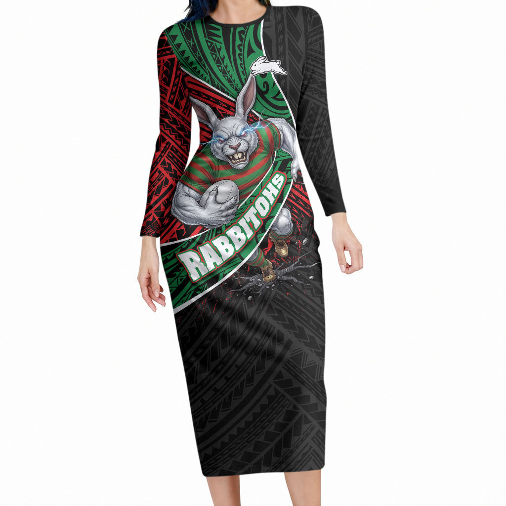 South Sydney Rabbitohs Rugby Long Sleeve Bodycon Dress Tribal Polynesian Power Art - Lightning Mascot