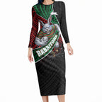 South Sydney Rabbitohs Rugby Long Sleeve Bodycon Dress Tribal Polynesian Power Art - Lightning Mascot
