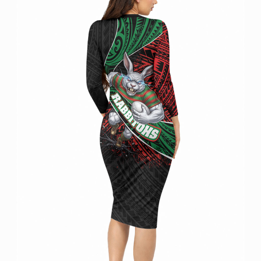 South Sydney Rabbitohs Rugby Long Sleeve Bodycon Dress Tribal Polynesian Power Art - Lightning Mascot