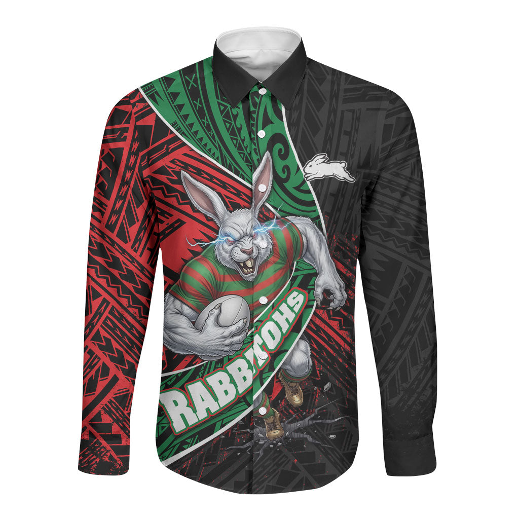 South Sydney Rabbitohs Rugby Long Sleeve Button Shirt Tribal Polynesian Power Art - Lightning Mascot