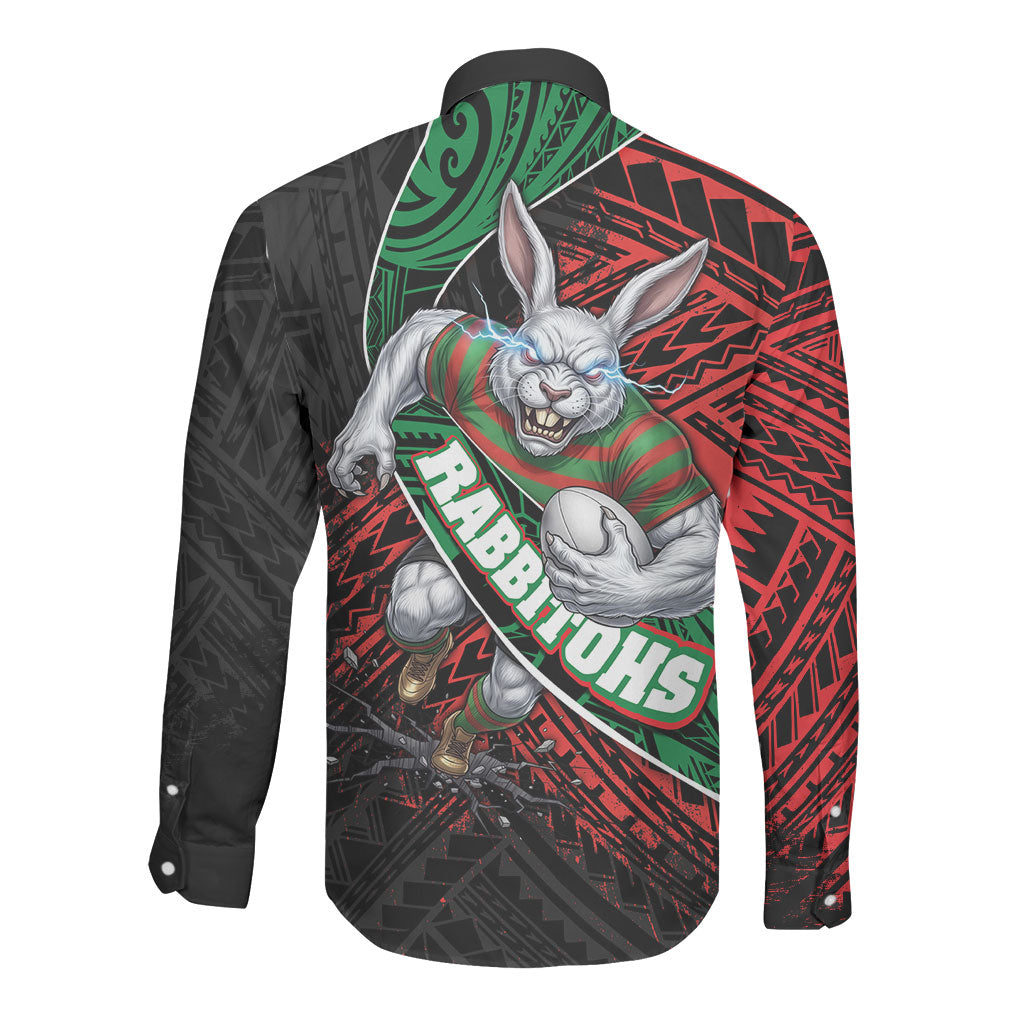 South Sydney Rabbitohs Rugby Long Sleeve Button Shirt Tribal Polynesian Power Art - Lightning Mascot