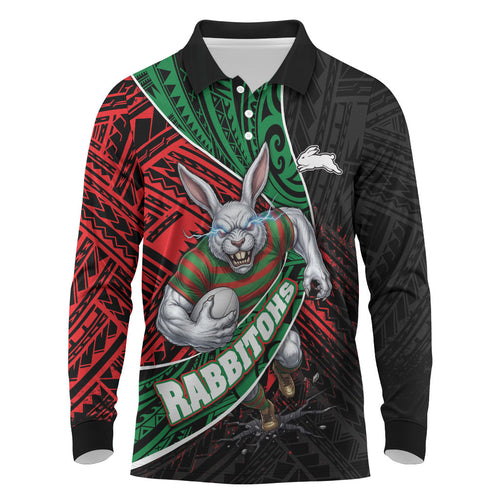 South Sydney Rabbitohs Rugby Long Sleeve Polo Shirt Tribal Polynesian Power Art - Lightning Mascot