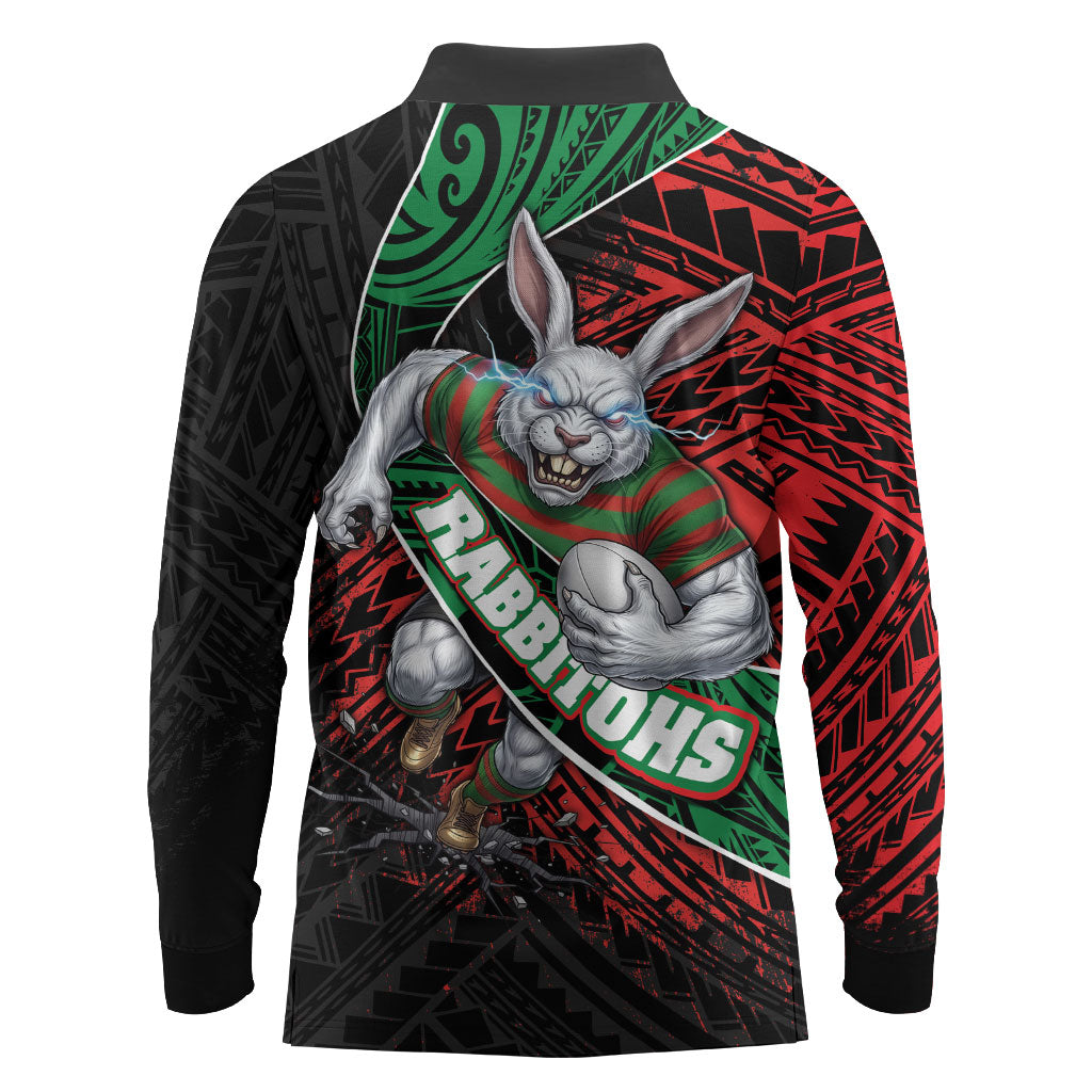 South Sydney Rabbitohs Rugby Long Sleeve Polo Shirt Tribal Polynesian Power Art - Lightning Mascot