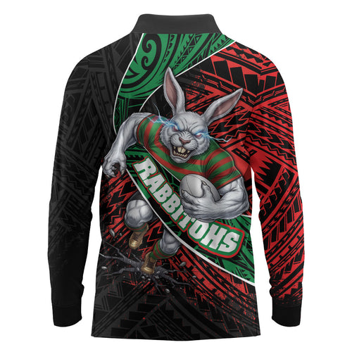 South Sydney Rabbitohs Rugby Long Sleeve Polo Shirt Tribal Polynesian Power Art - Lightning Mascot