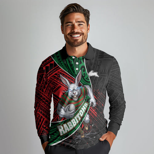 South Sydney Rabbitohs Rugby Long Sleeve Polo Shirt Tribal Polynesian Power Art - Lightning Mascot