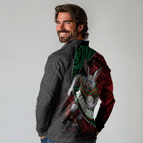 South Sydney Rabbitohs Rugby Long Sleeve Polo Shirt Tribal Polynesian Power Art - Lightning Mascot