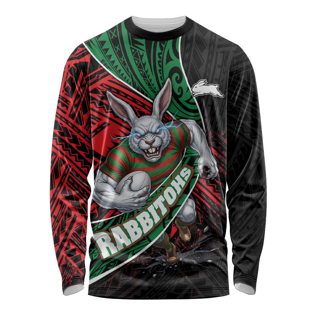 South Sydney Rabbitohs Rugby Long Sleeve Shirt Tribal Polynesian Power Art - Lightning Mascot
