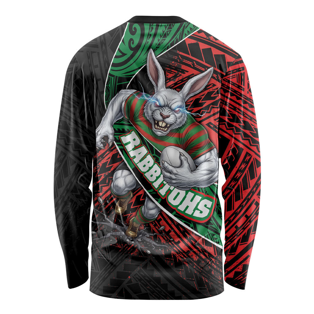 South Sydney Rabbitohs Rugby Long Sleeve Shirt Tribal Polynesian Power Art - Lightning Mascot