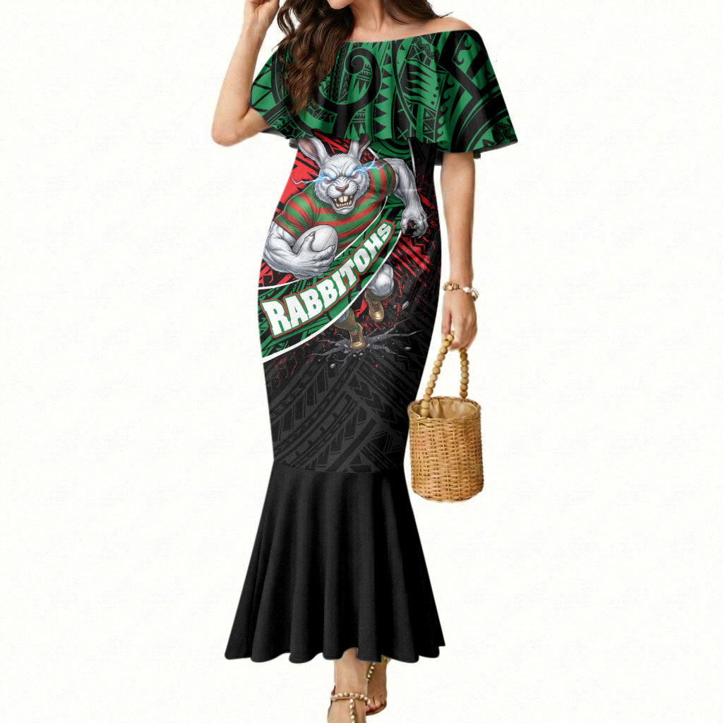 South Sydney Rabbitohs Rugby Mermaid Dress Tribal Polynesian Power Art - Lightning Mascot