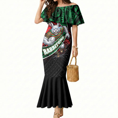 South Sydney Rabbitohs Rugby Mermaid Dress Tribal Polynesian Power Art - Lightning Mascot