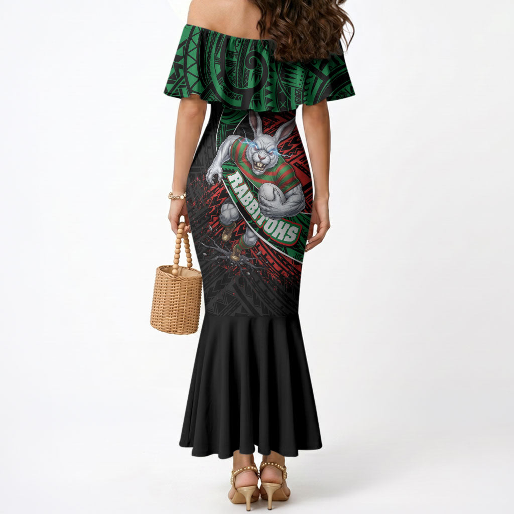South Sydney Rabbitohs Rugby Mermaid Dress Tribal Polynesian Power Art - Lightning Mascot