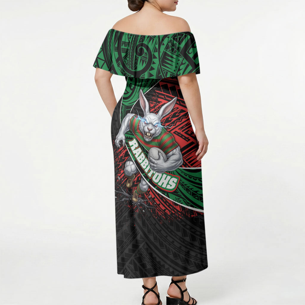South Sydney Rabbitohs Rugby Off Shoulder Maxi Dress Tribal Polynesian Power Art - Lightning Mascot
