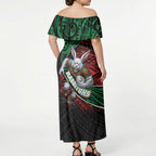 South Sydney Rabbitohs Rugby Off Shoulder Maxi Dress Tribal Polynesian Power Art - Lightning Mascot