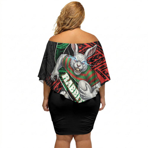 South Sydney Rabbitohs Rugby Off Shoulder Short Dress Tribal Polynesian Power Art - Lightning Mascot