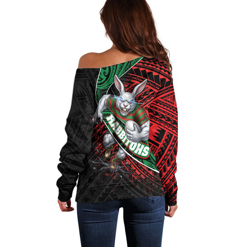 South Sydney Rabbitohs Rugby Off Shoulder Sweater Tribal Polynesian Power Art - Lightning Mascot