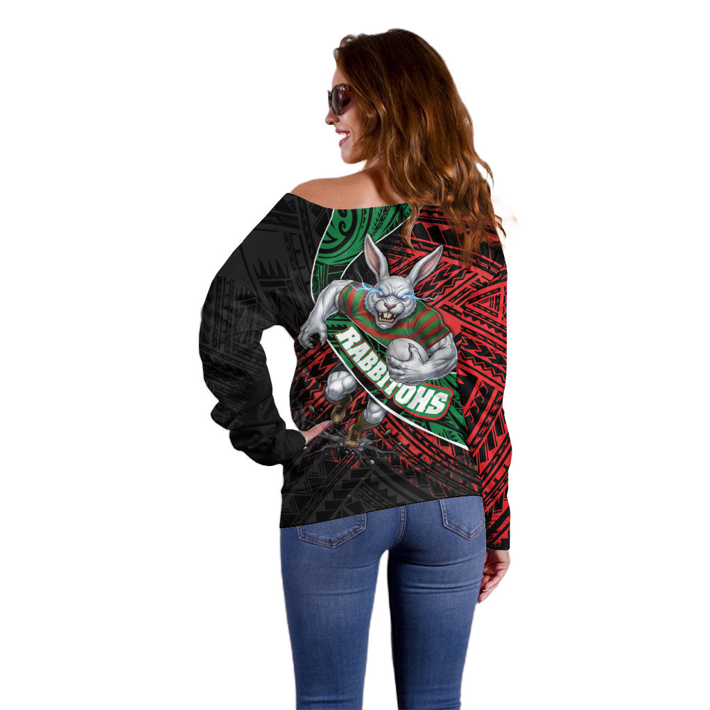 South Sydney Rabbitohs Rugby Off Shoulder Sweater Tribal Polynesian Power Art - Lightning Mascot
