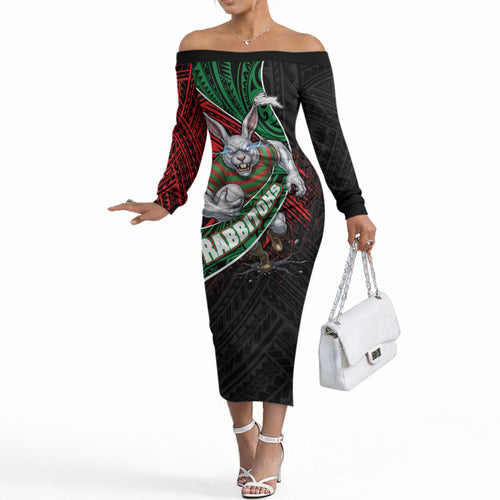 South Sydney Rabbitohs Rugby Off The Shoulder Long Sleeve Dress Tribal Polynesian Power Art - Lightning Mascot