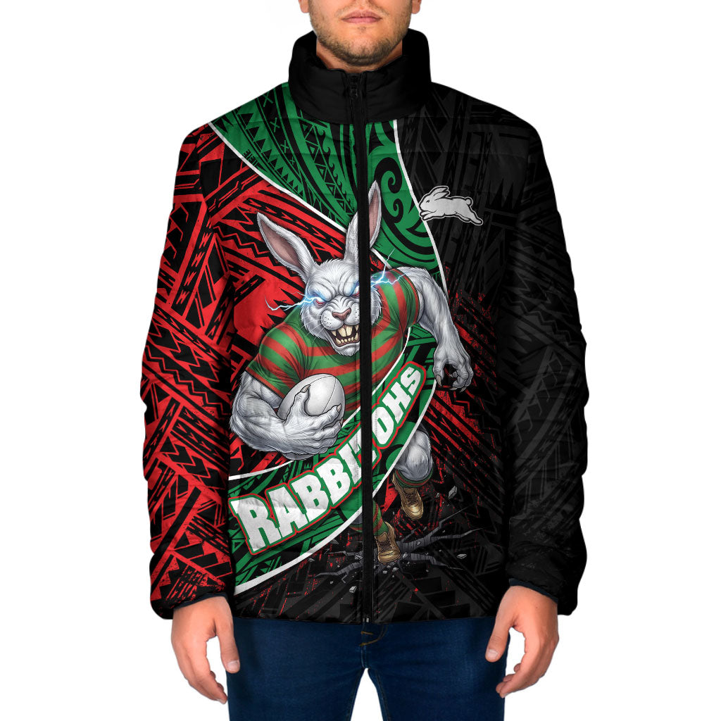 South Sydney Rabbitohs Rugby Padded Jacket Tribal Polynesian Power Art - Lightning Mascot