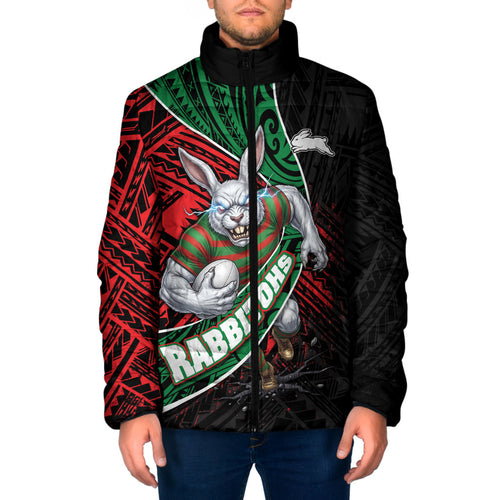 South Sydney Rabbitohs Rugby Padded Jacket Tribal Polynesian Power Art - Lightning Mascot