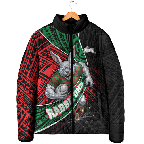 South Sydney Rabbitohs Rugby Padded Jacket Tribal Polynesian Power Art - Lightning Mascot