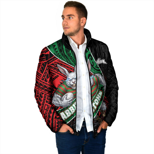 South Sydney Rabbitohs Rugby Padded Jacket Tribal Polynesian Power Art - Lightning Mascot