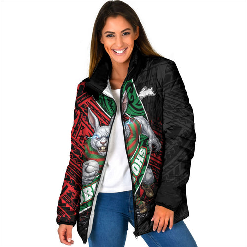 South Sydney Rabbitohs Rugby Padded Jacket Tribal Polynesian Power Art - Lightning Mascot