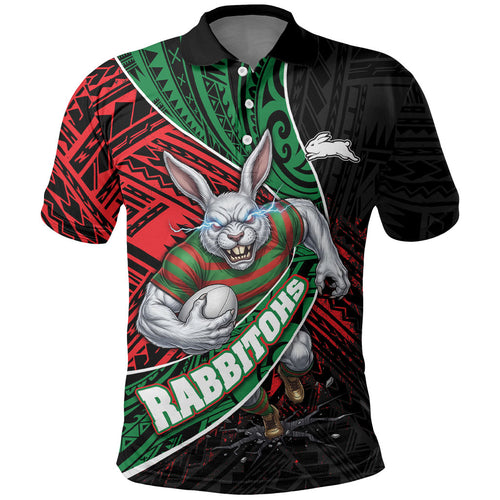 South Sydney Rabbitohs Rugby Polo Shirt Tribal Polynesian Power Art - Lightning Mascot