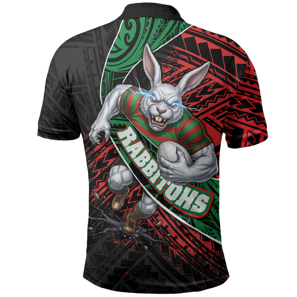 South Sydney Rabbitohs Rugby Polo Shirt Tribal Polynesian Power Art - Lightning Mascot