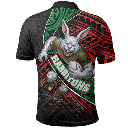 South Sydney Rabbitohs Rugby Polo Shirt Tribal Polynesian Power Art - Lightning Mascot