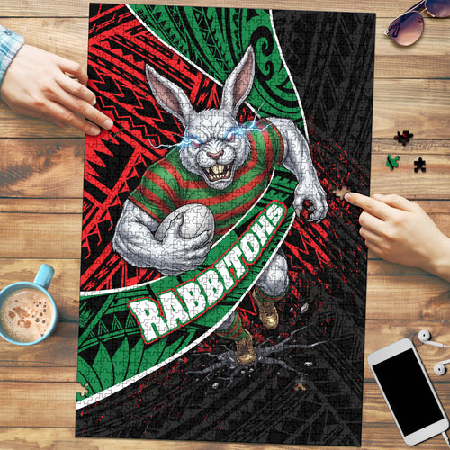 South Sydney Rabbitohs Rugby Puzzle Tribal Polynesian Power Art - Lightning Mascot