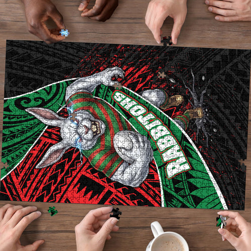 South Sydney Rabbitohs Rugby Puzzle Tribal Polynesian Power Art - Lightning Mascot
