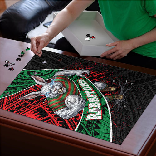 South Sydney Rabbitohs Rugby Puzzle Tribal Polynesian Power Art - Lightning Mascot