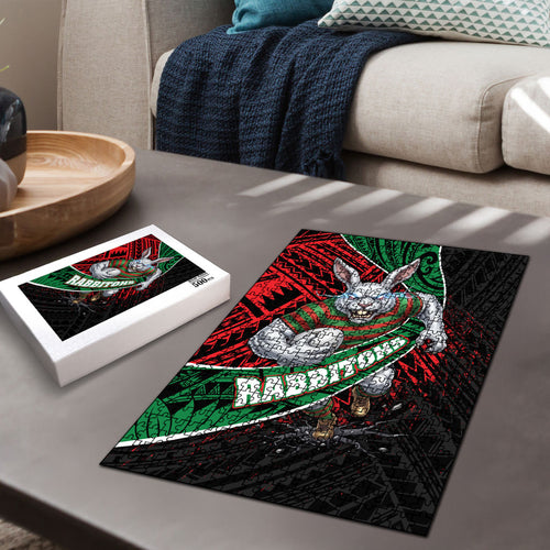 South Sydney Rabbitohs Rugby Puzzle Tribal Polynesian Power Art - Lightning Mascot