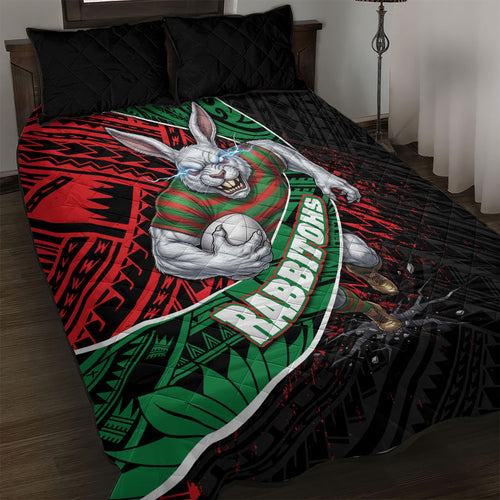 South Sydney Rabbitohs Rugby Quilt Bed Set Tribal Polynesian Power Art - Lightning Mascot