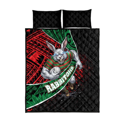 South Sydney Rabbitohs Rugby Quilt Bed Set Tribal Polynesian Power Art - Lightning Mascot